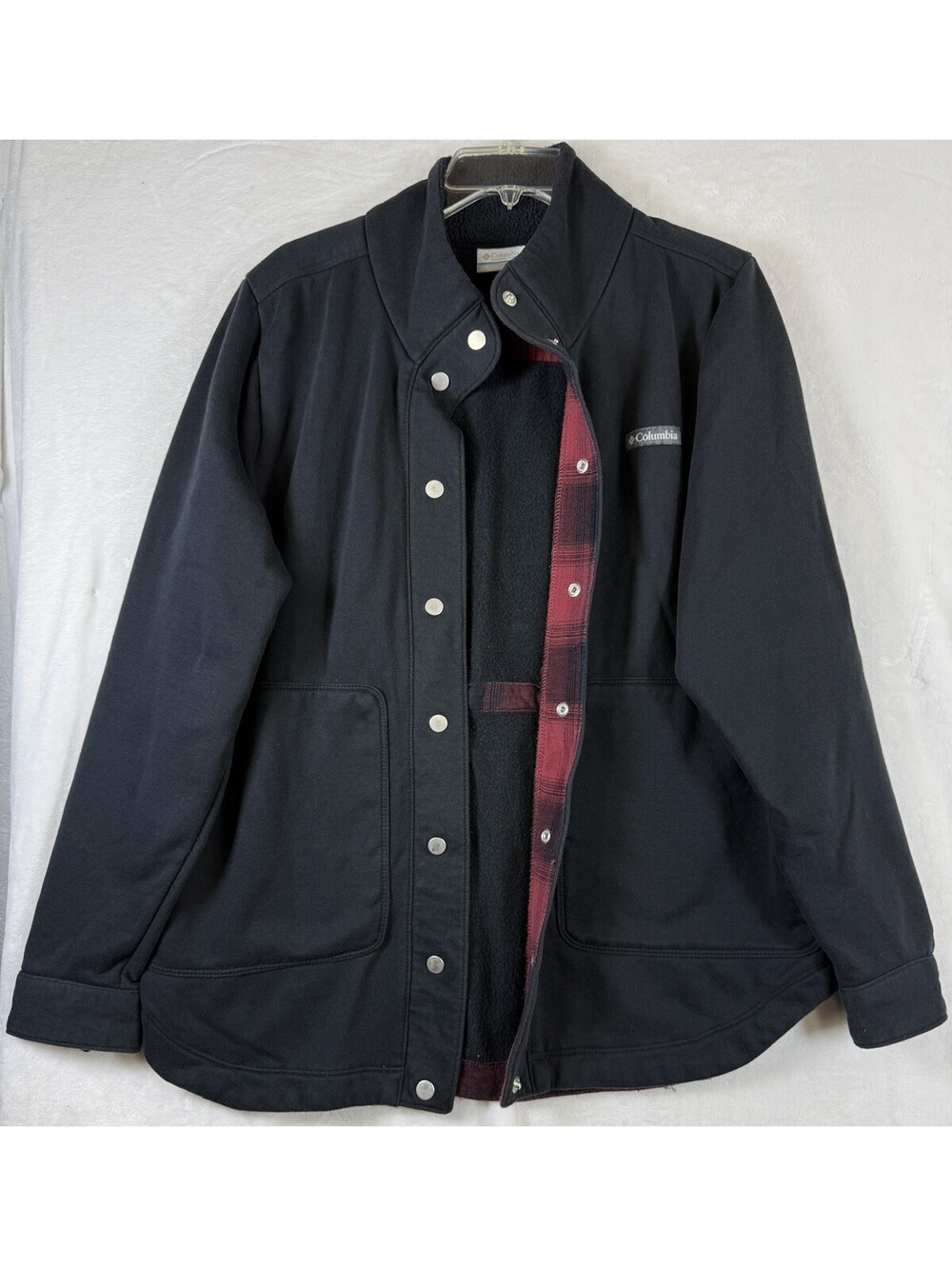 Columbia Womens Large Shacket Hart Mountain Shirt Jacket Black Red Plaid